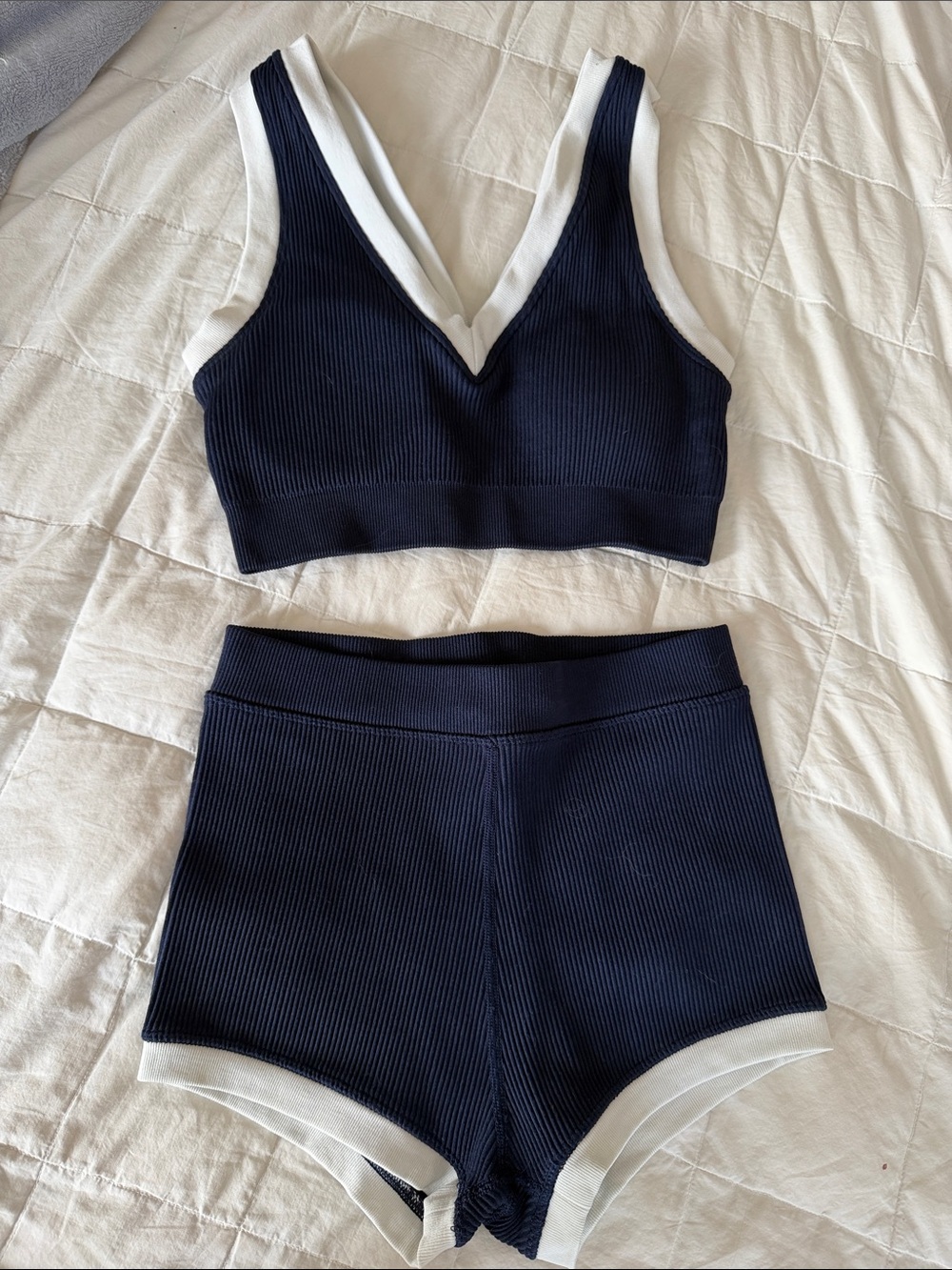 High-Rise Ribbed Bike Shorts in Navy with White Trim